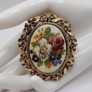 Vintage Porcelain Floral Brooch Pendant Combo, Faux Pearls, 2 1/4 Inches